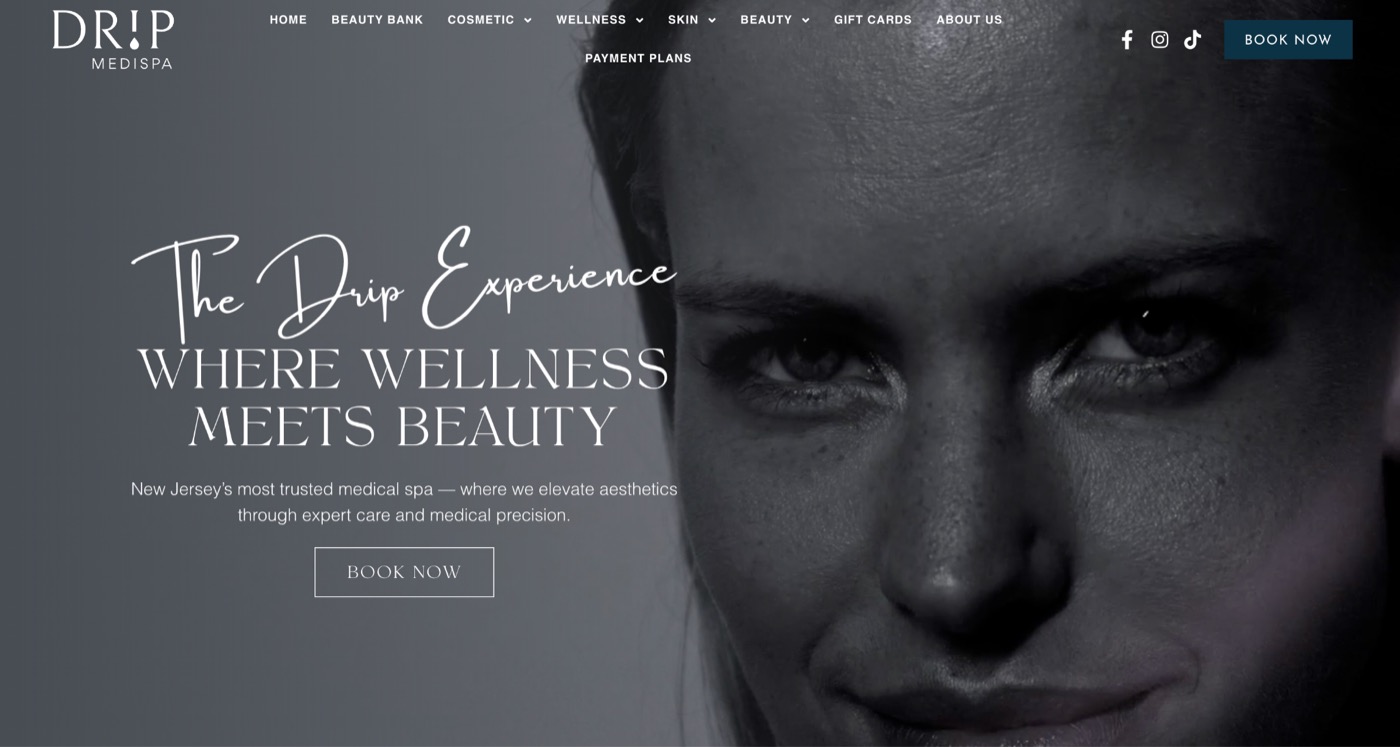 DRIP Medi Spa website homepage &mdash; full-screen hero video with editorial typography
