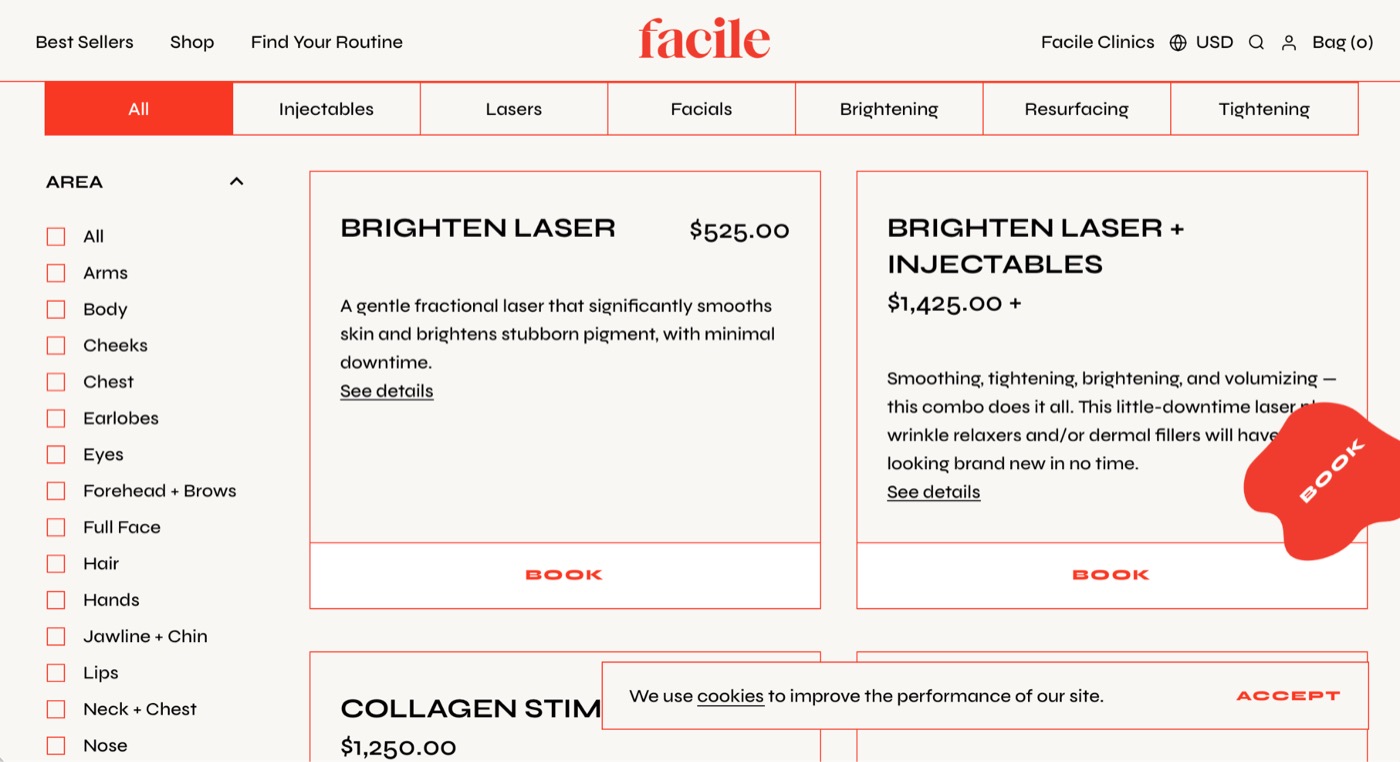 Facile website &mdash; bold coral branding with a faceted-navigation treatments page