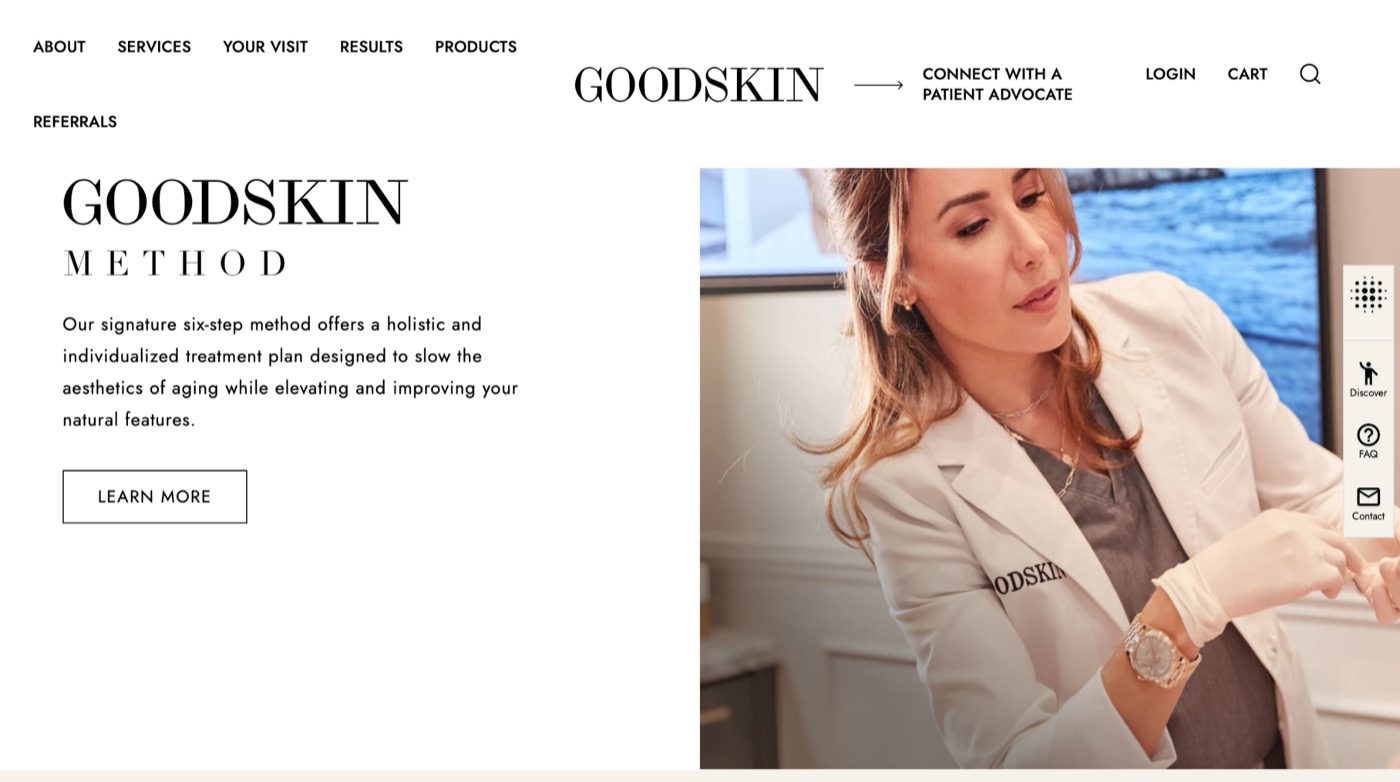 GoodSkin website &mdash; oversized editorial typography layered over full-screen photography