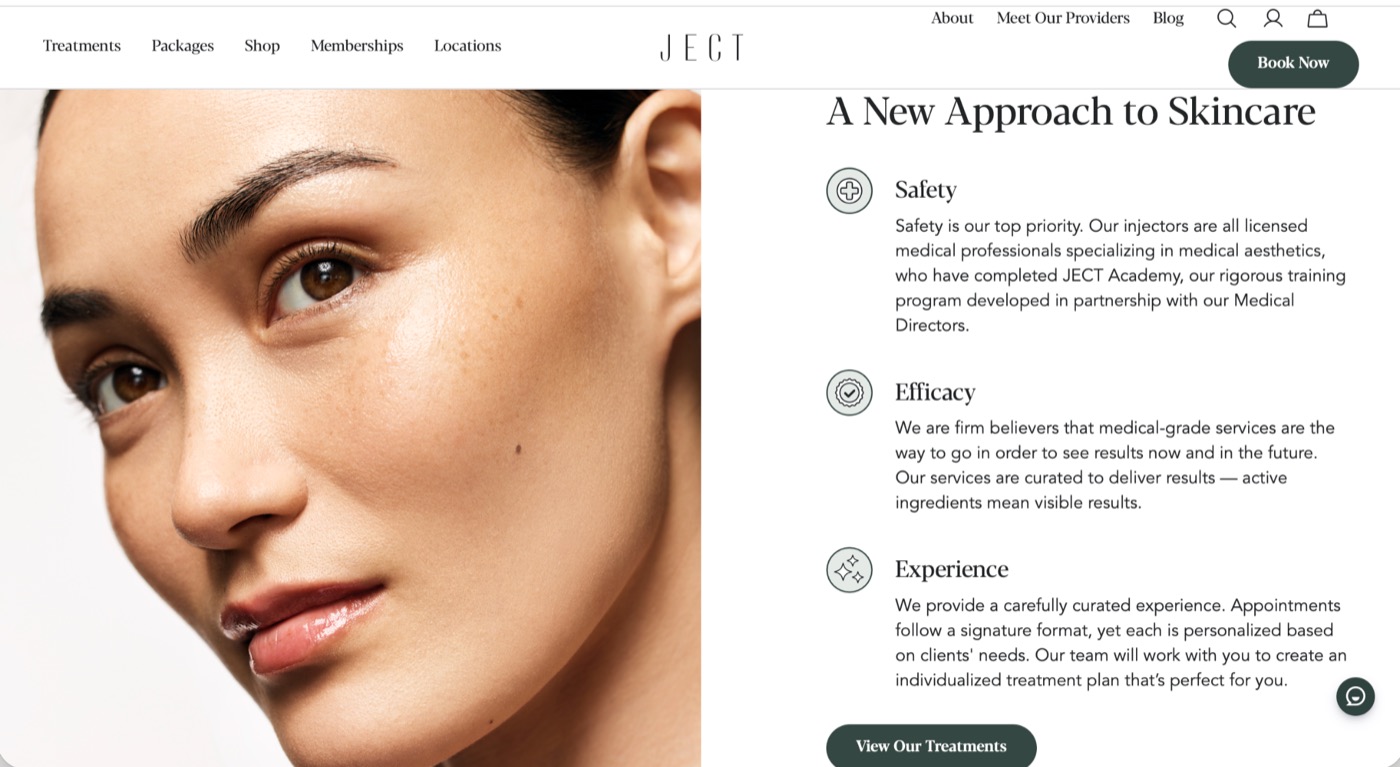 JECT website &mdash; spaced-letter logo with warm portrait photography and forest-green CTAs
