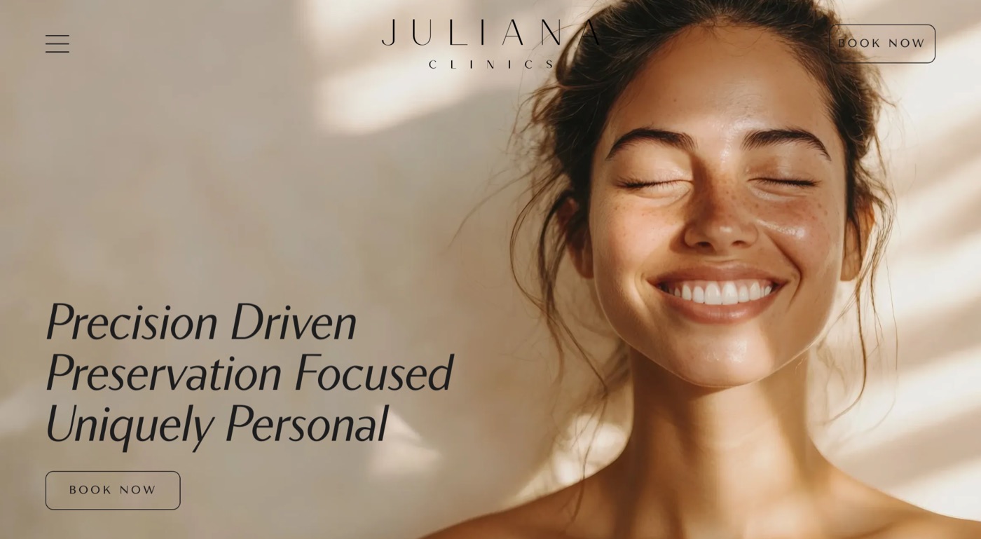 Juliana Clinics website &mdash; natural-light portrait paired with elegant italic serif typography