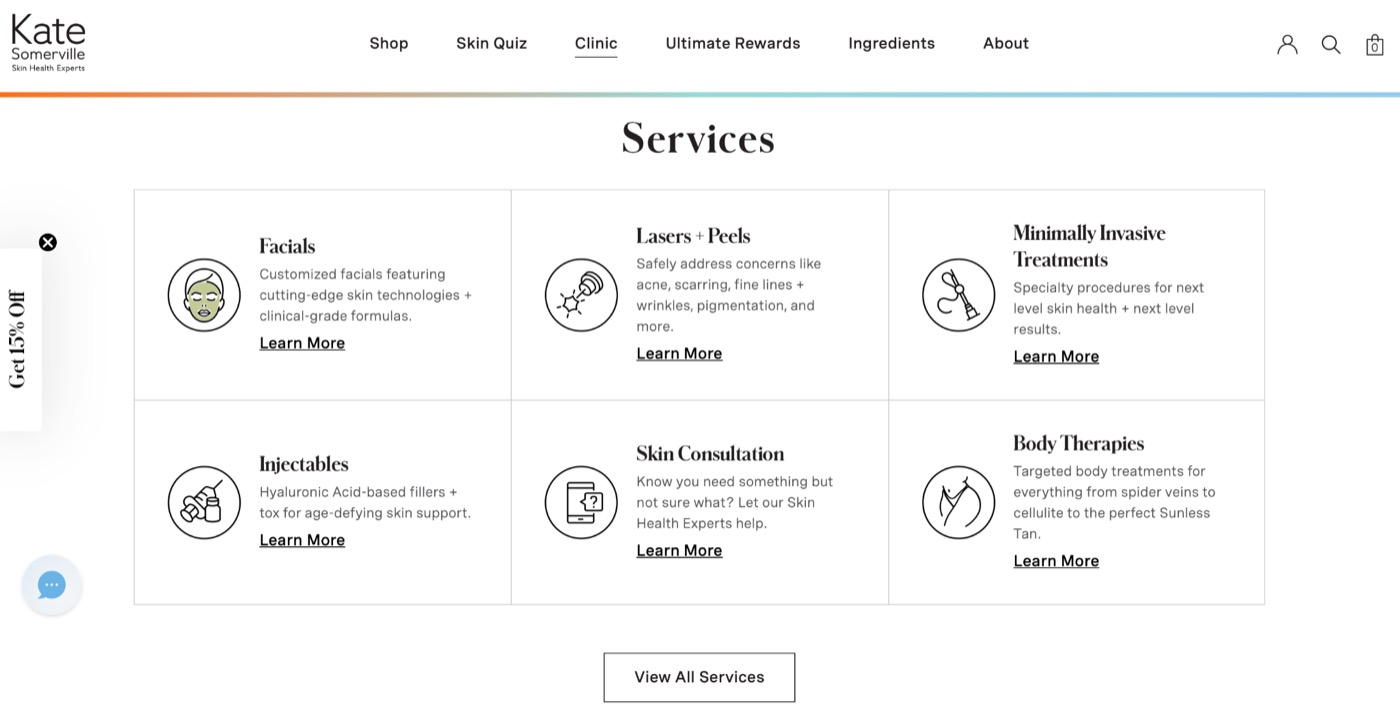 Kate Somerville clinic website &mdash; icon-based services grid grouping major treatment categories