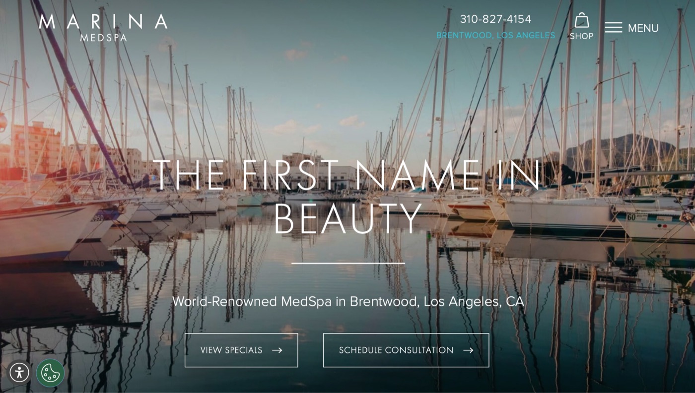 Marina Medspa website &mdash; expansive marina photography with a centred wordmark