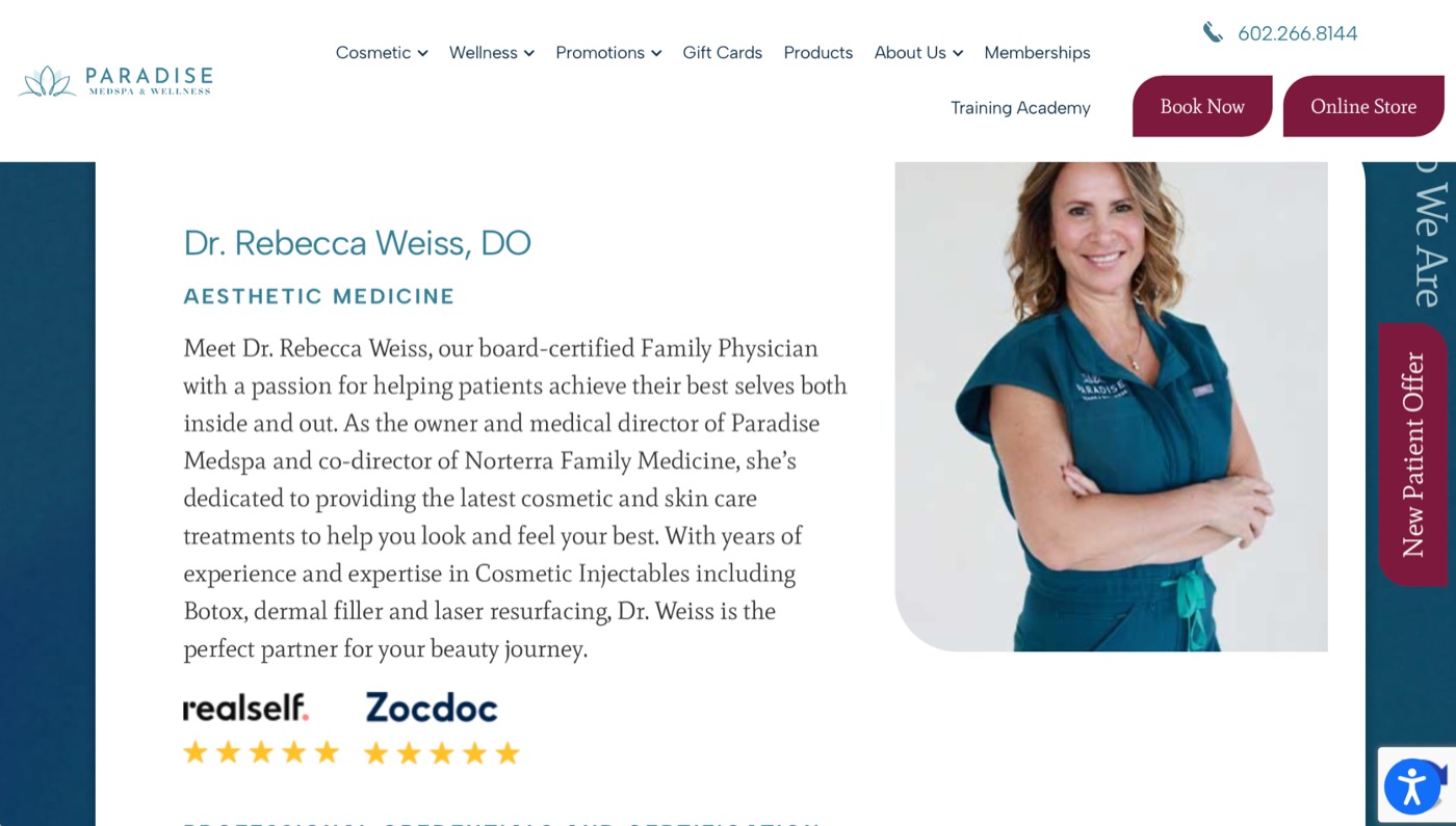 Paradise Medspa website &mdash; provider bios with RealSelf and Zocdoc star ratings inline