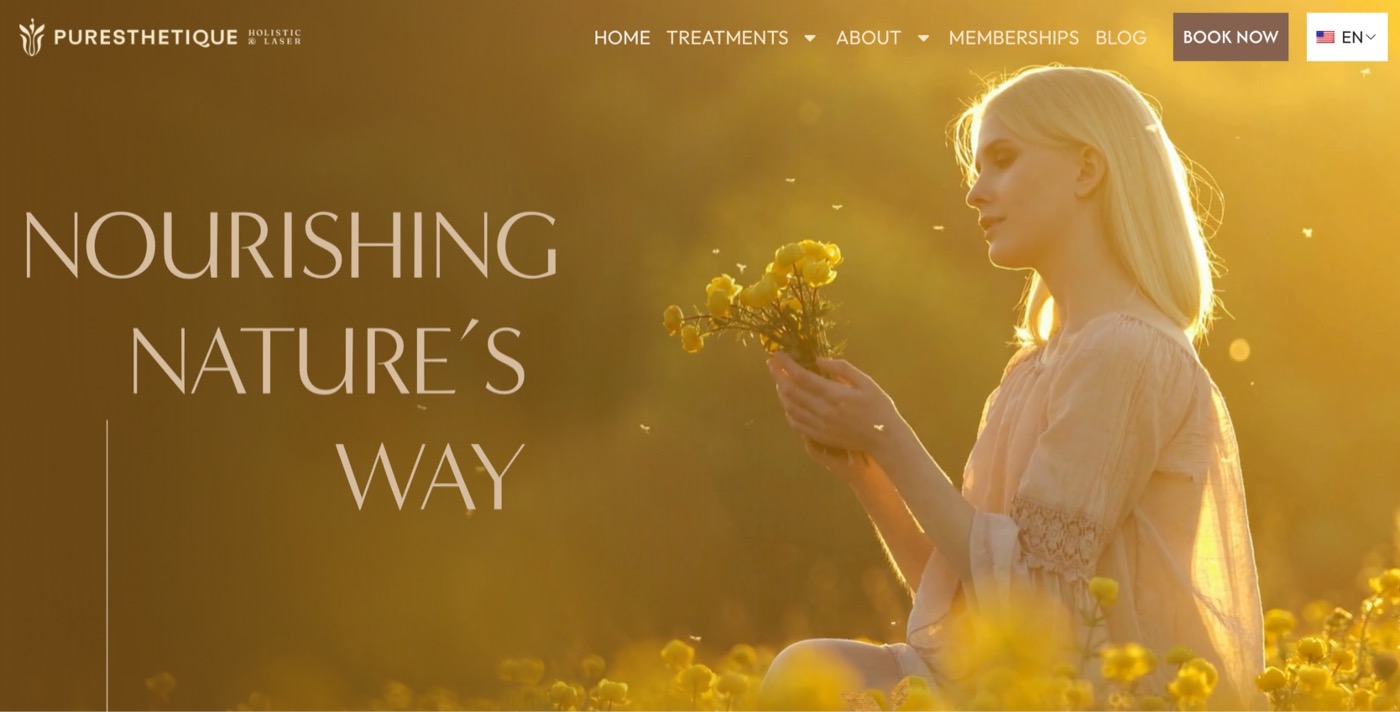 Puresthetique website &mdash; golden-hour imagery of a woman in a flower field