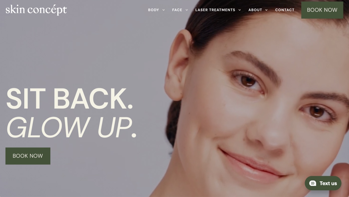 Skin Concept + Laser website &mdash; tightly cropped portrait paired with a two-word headline