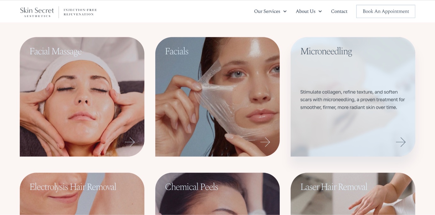 Skin Secret Aesthetics website &mdash; 9-image services grid with hover-reveal descriptions