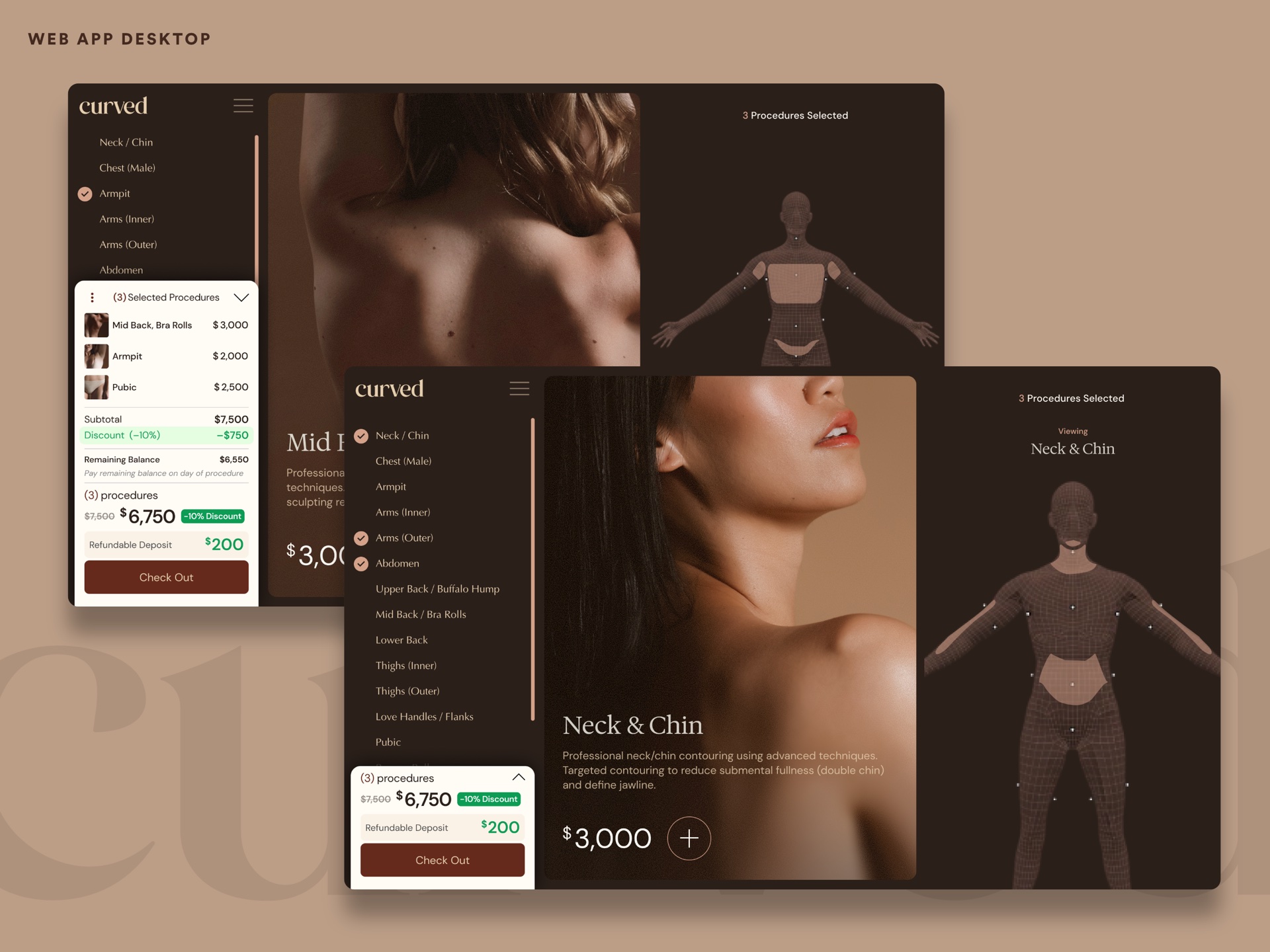 Curved web app — desktop body-map procedure selector