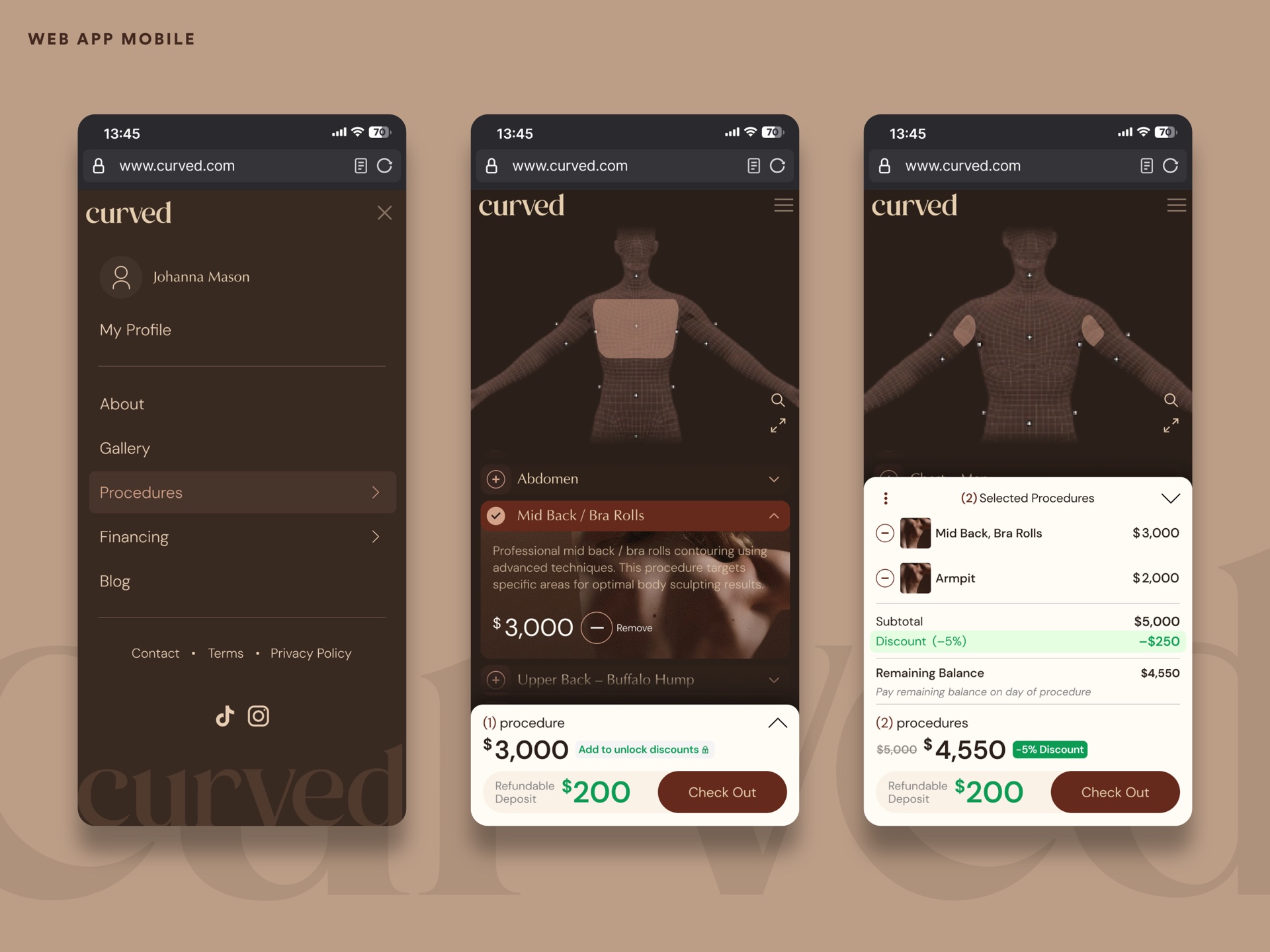 Curved web app — mobile procedure selection and checkout