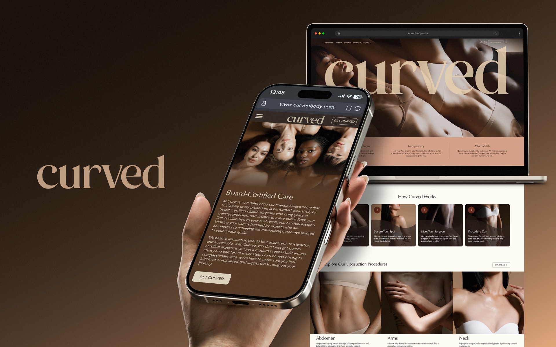 Curved brand mockup across phone and laptop