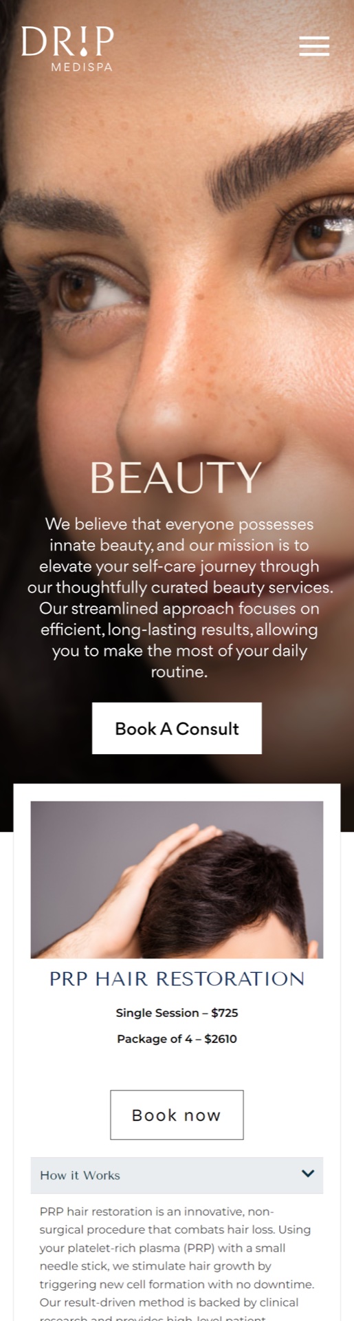 Drip MediSpa website — beauty services on mobile