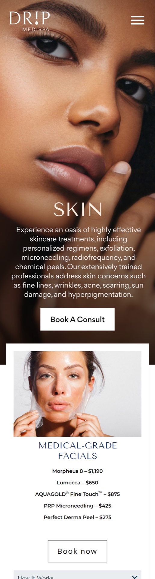 Drip MediSpa website — skin services on mobile