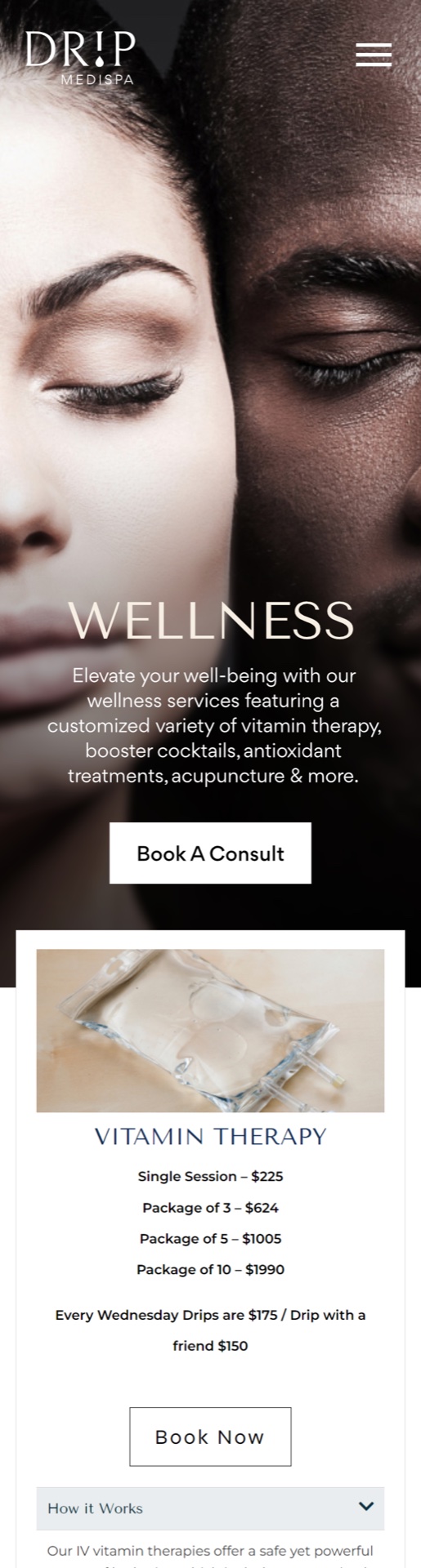 Drip MediSpa website — wellness services on mobile
