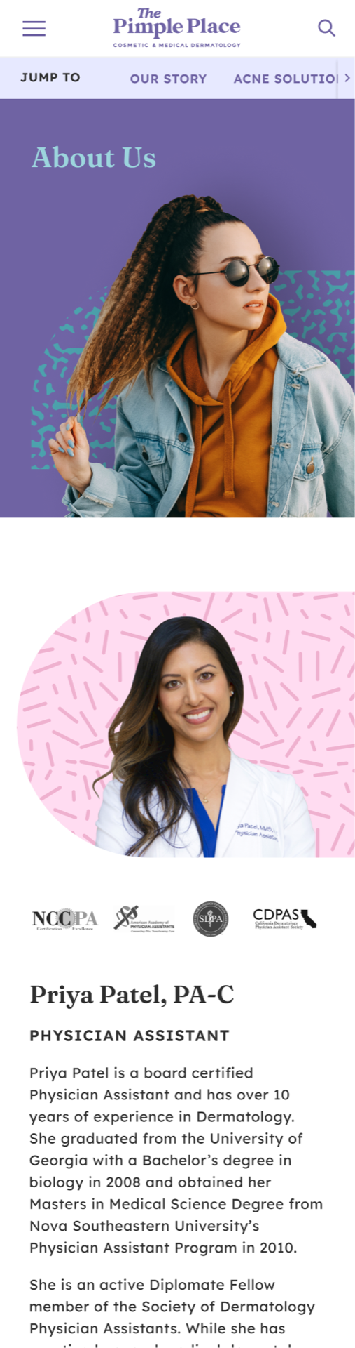 The Pimple Place website — About Us on mobile