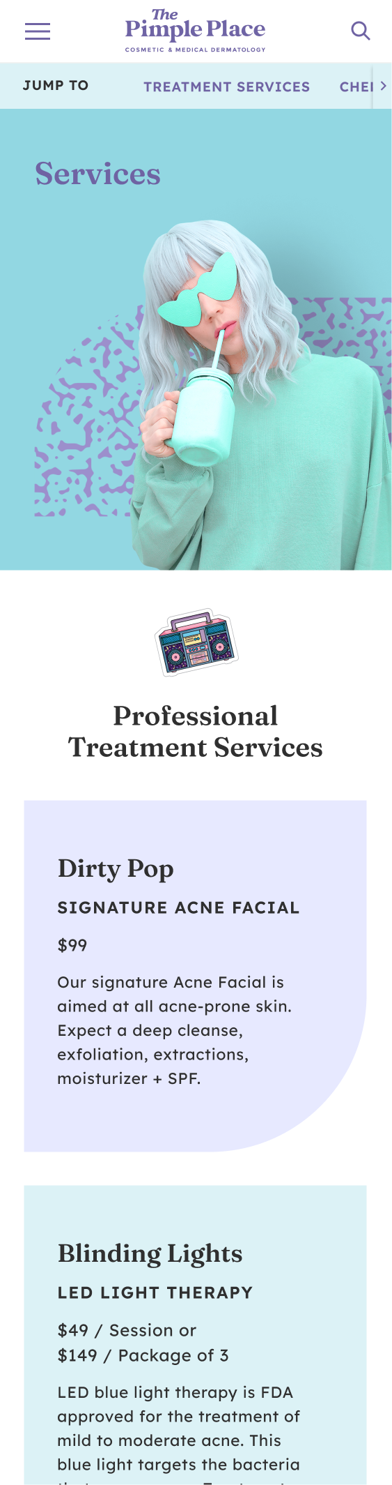 The Pimple Place website — Services on mobile