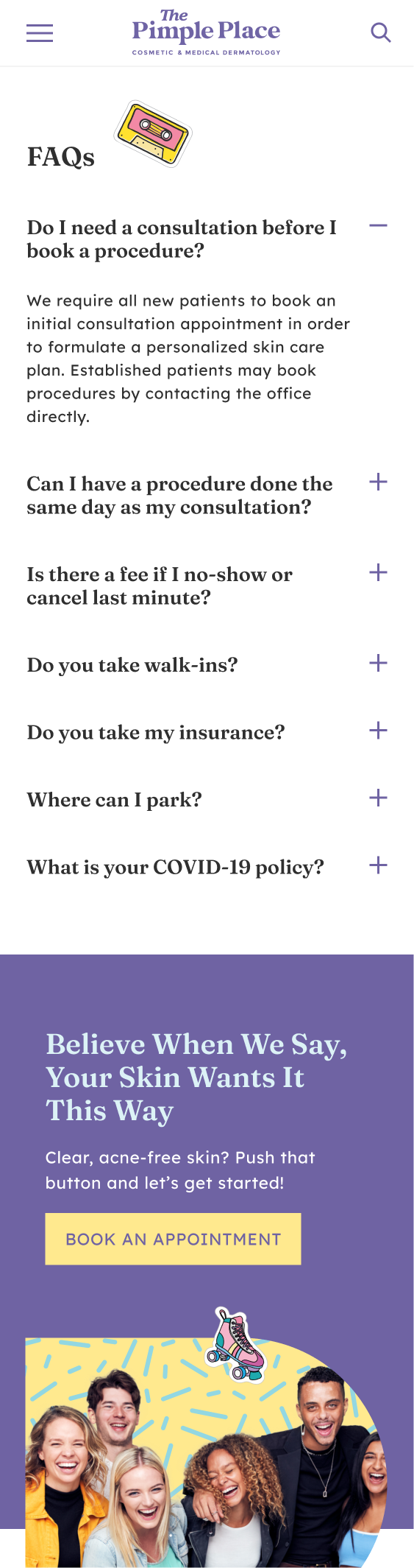 The Pimple Place website — FAQs on mobile