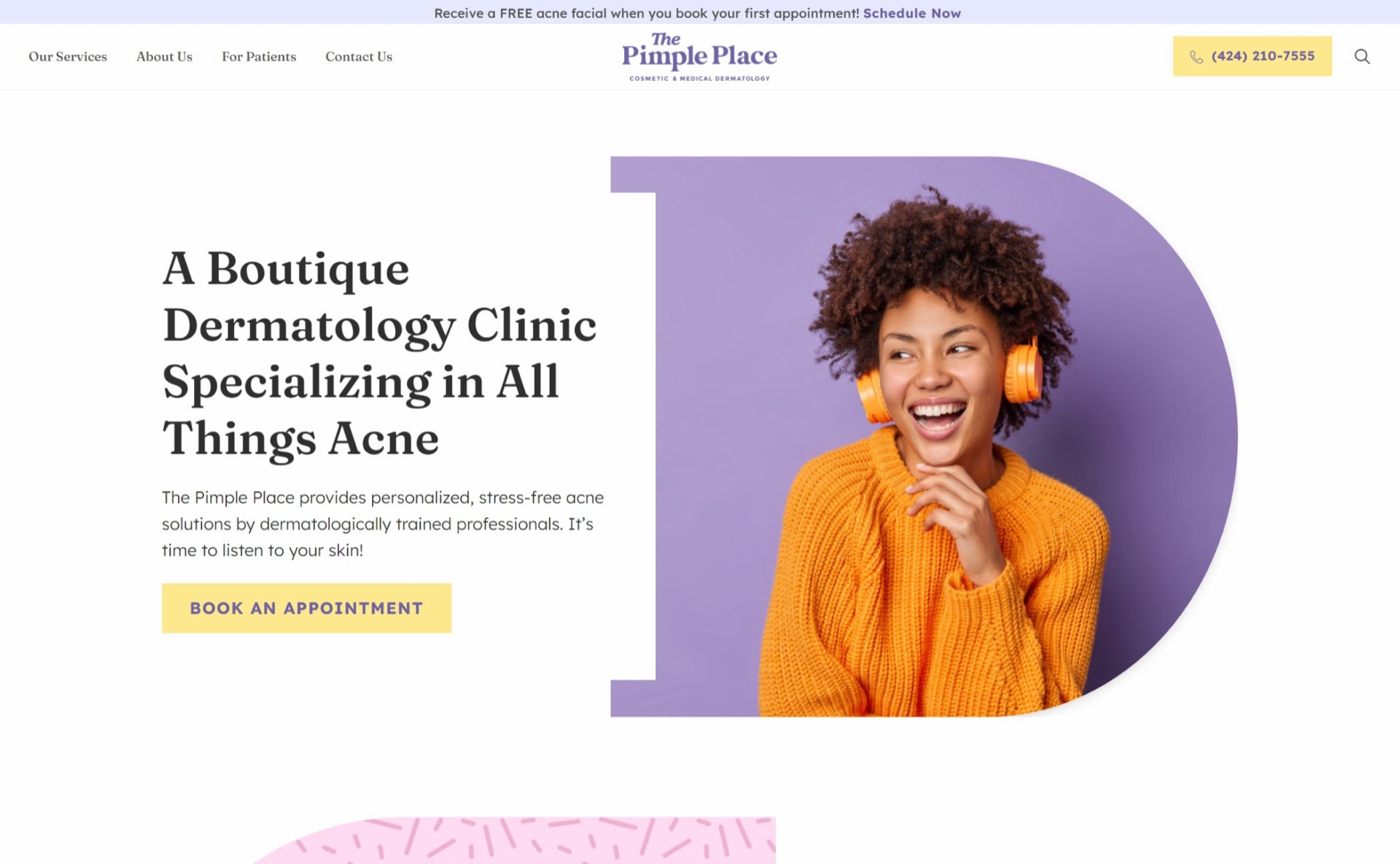 The Pimple Place website — homepage hero