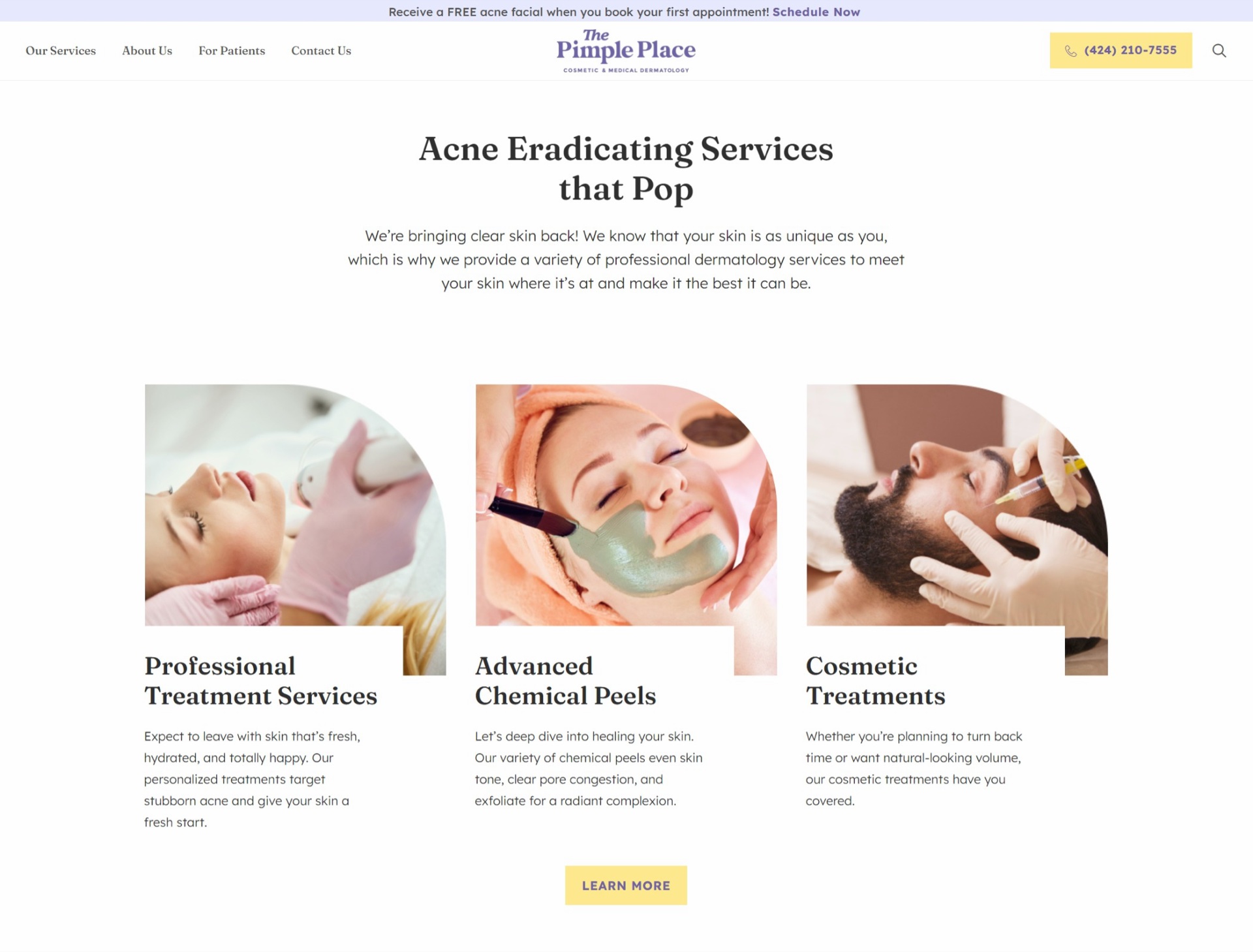 The Pimple Place website — services section