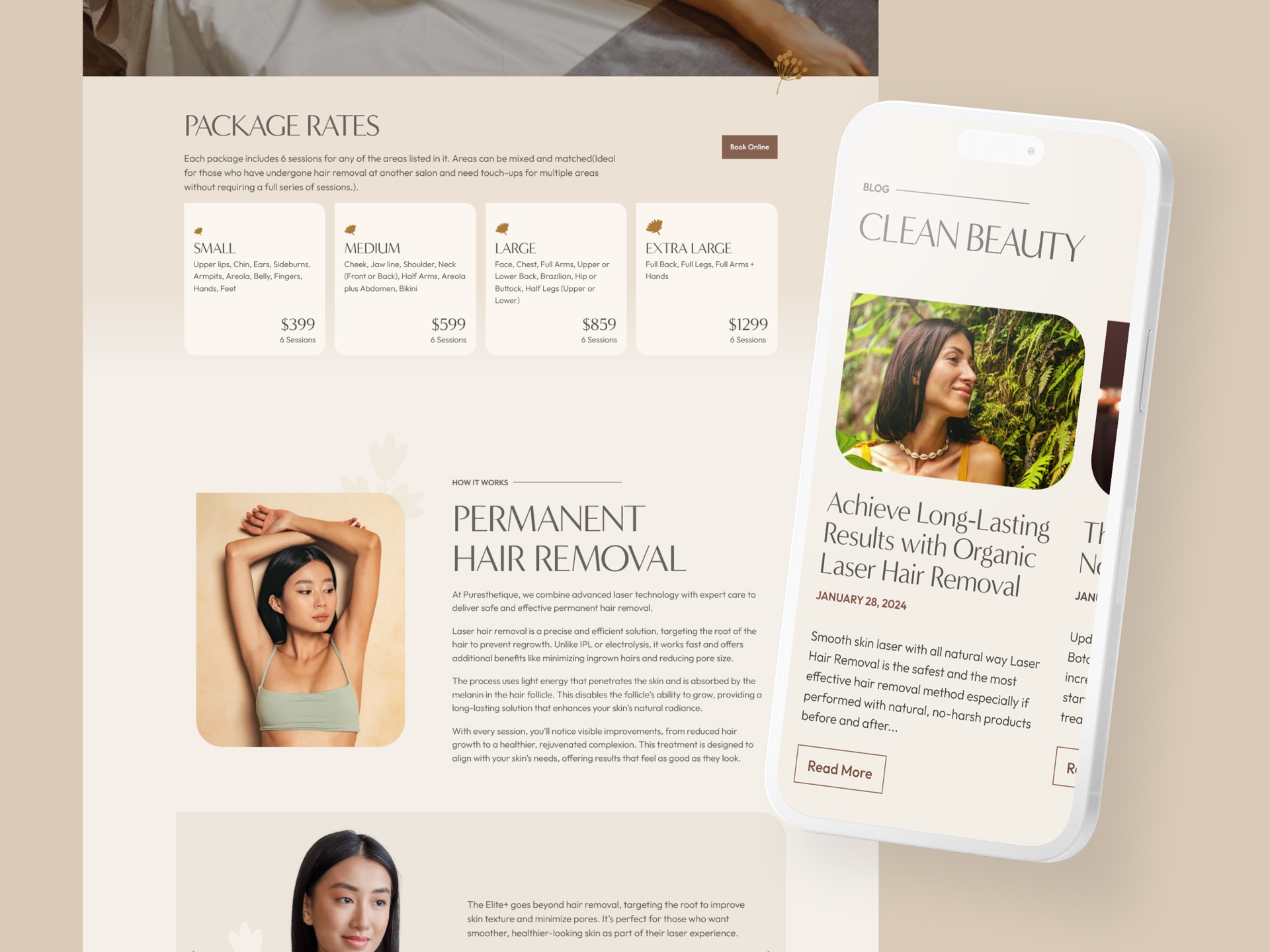 Puresthetique website — package rates, treatments and mobile blog