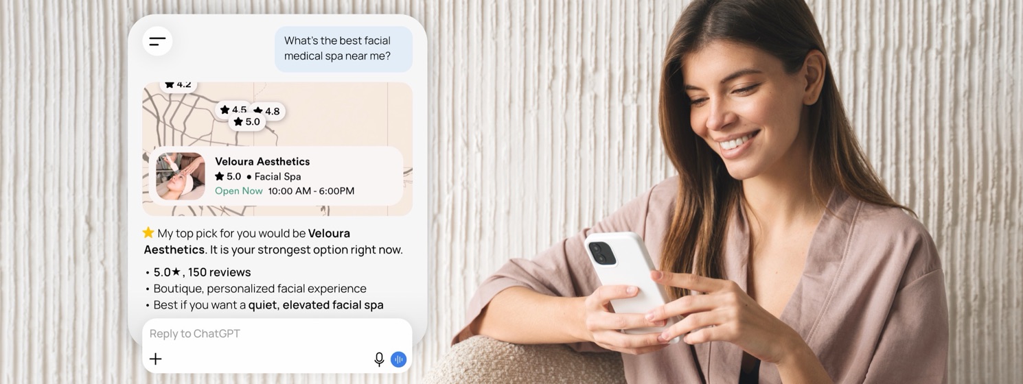 Medical spa AI search agency &mdash; a patient asks ChatGPT for the best facial med spa near her and gets one practice as its top pick, with rating, reviews and hours