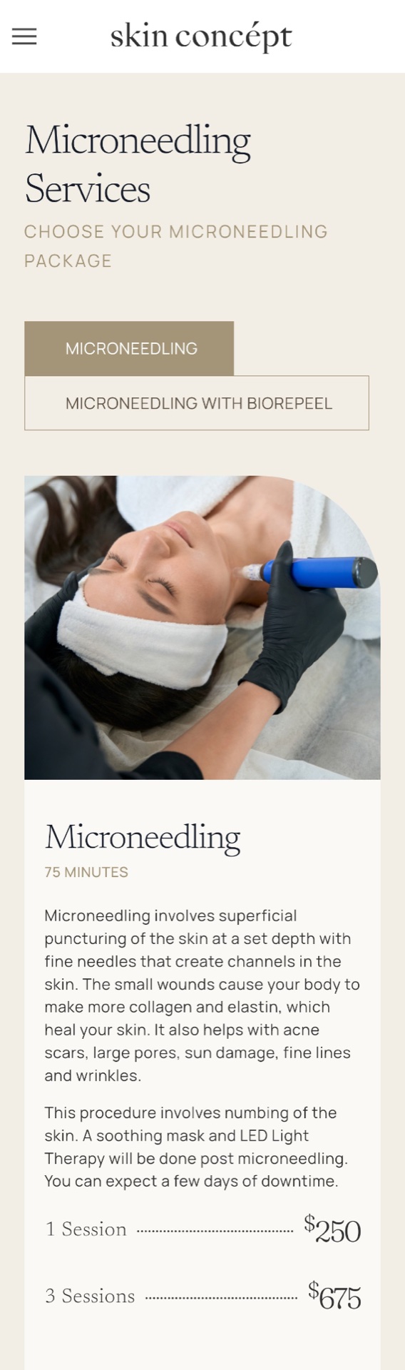 Skin Concept website — microneedling services on mobile