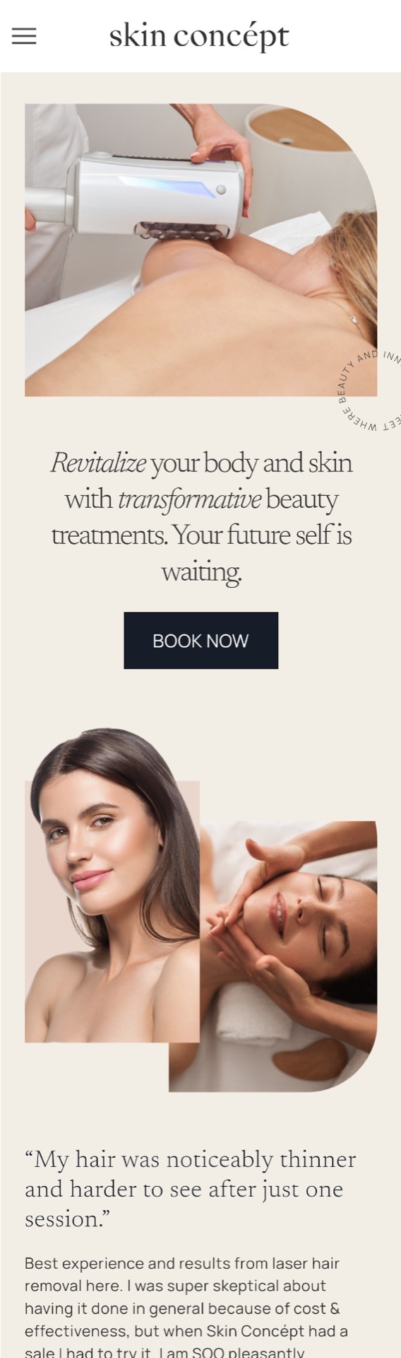 Skin Concept website — treatments on mobile