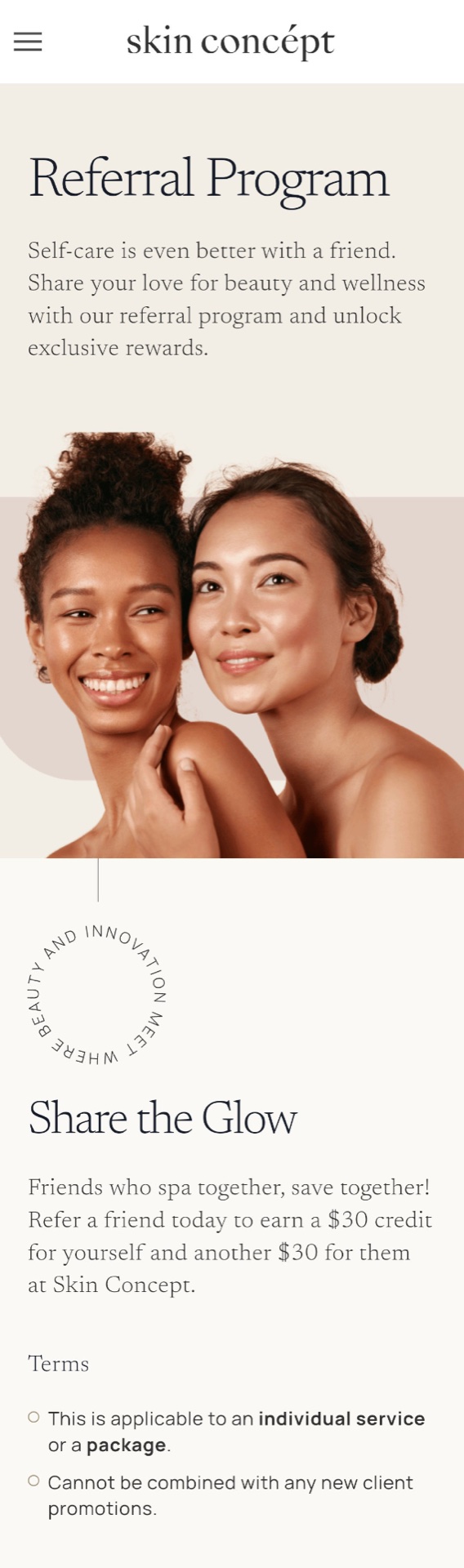 Skin Concept website — referral program on mobile